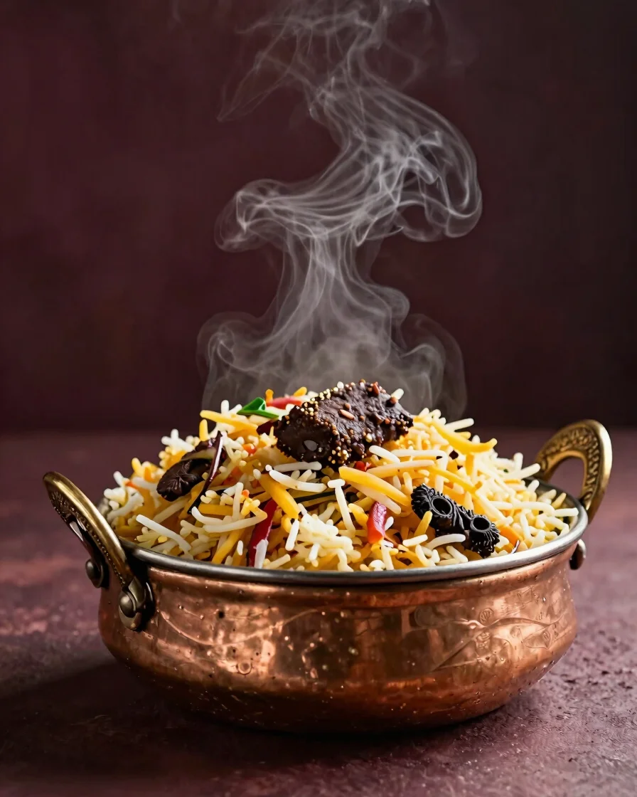 Close editorial food photograph of a copper handi of Mughlai biryani being opened, steam rising in warm directional ligh