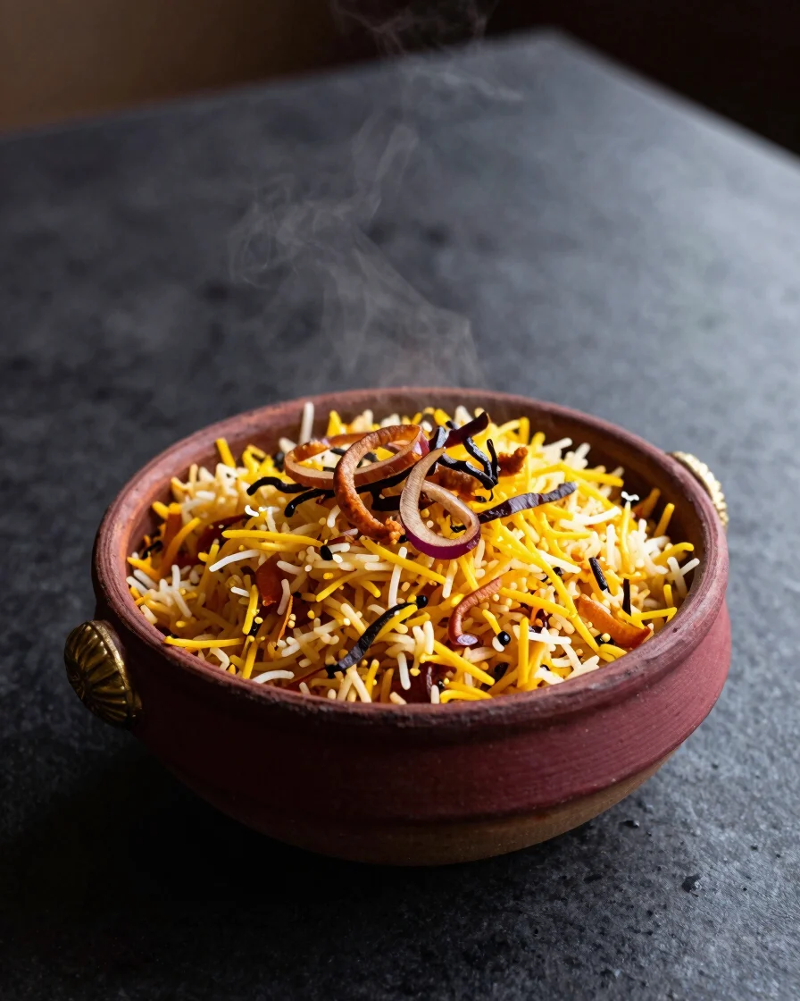 Wide, warm-lit overhead shot of a steaming royal biryani served i